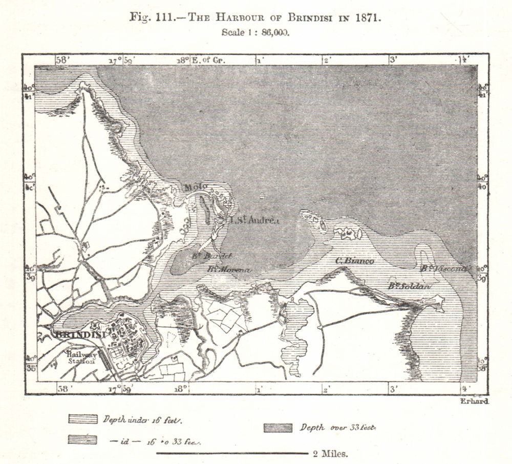 The Harbour of Brindisi in 1871. Italy. Sketch map 1885 old antique chart